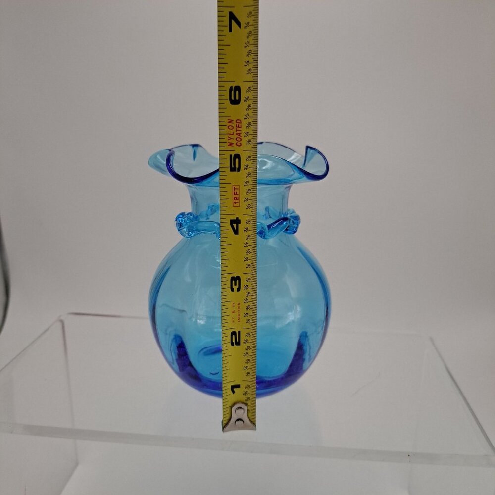 Pilgrim Ruffle Vase Hand Blown Blue Glass Clear Ribbed Applied - Picture 2 of 5